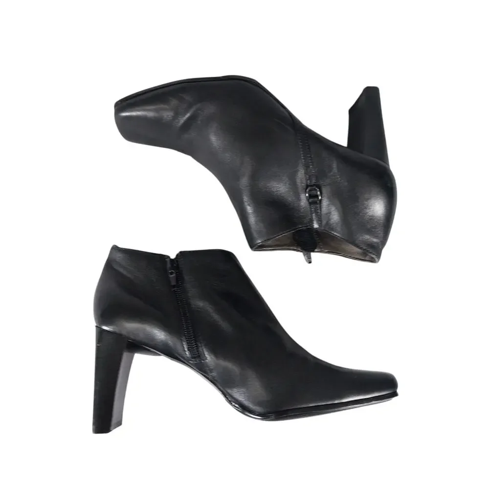 JENNIFER MOORE! BLACK GENUINE LEATHER RECTANGULAR HEEL, ZIP ANKLE BOOTS! SZ 9M